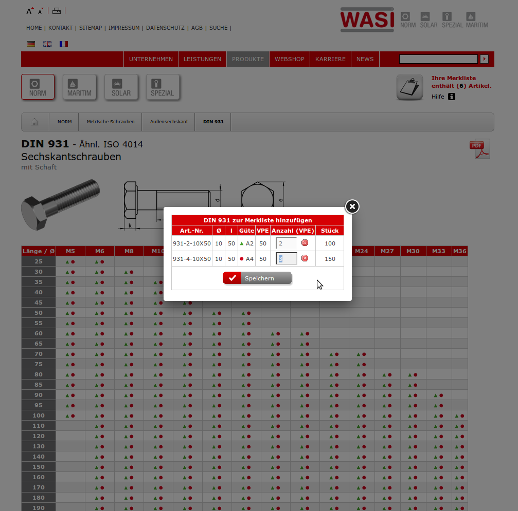 The WASI Web catalog for standards parts with ordering function from cross tabs. 