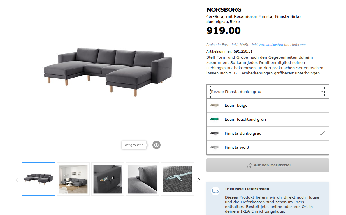 Beispiel für eine Auswahl einfacher Produktvarianten: ein Sofa in 4 Farben.